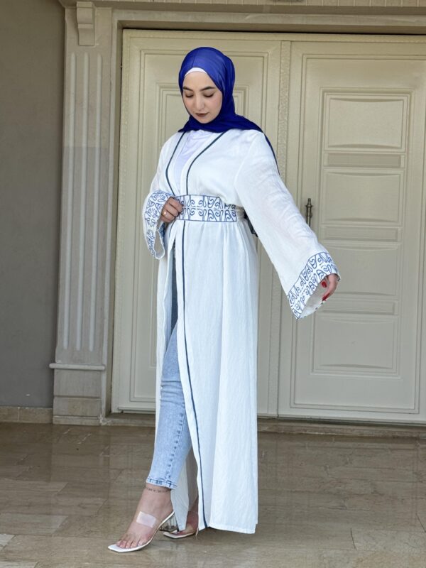White Abaya With Blue Embroidery Design  On Sleeves And Belt