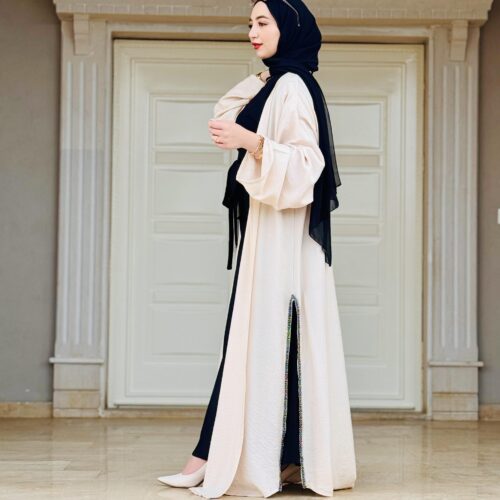 Beige Open Abaya With Few Silver Strass