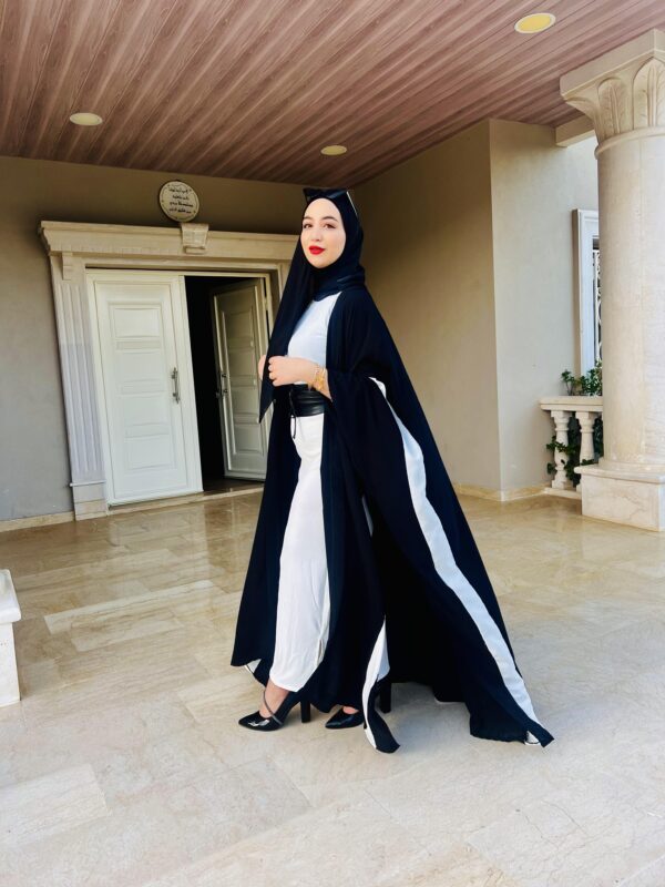 Black Open Abaya With White Wide Line