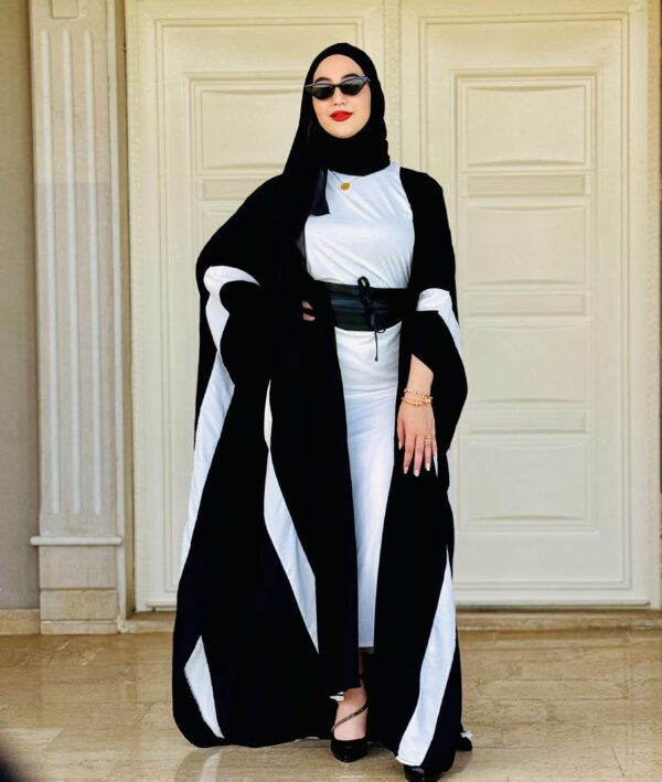 Black Open Abaya With White Wide Line