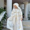 White And Gold Abaya With Huge Stitched Hat And Belt