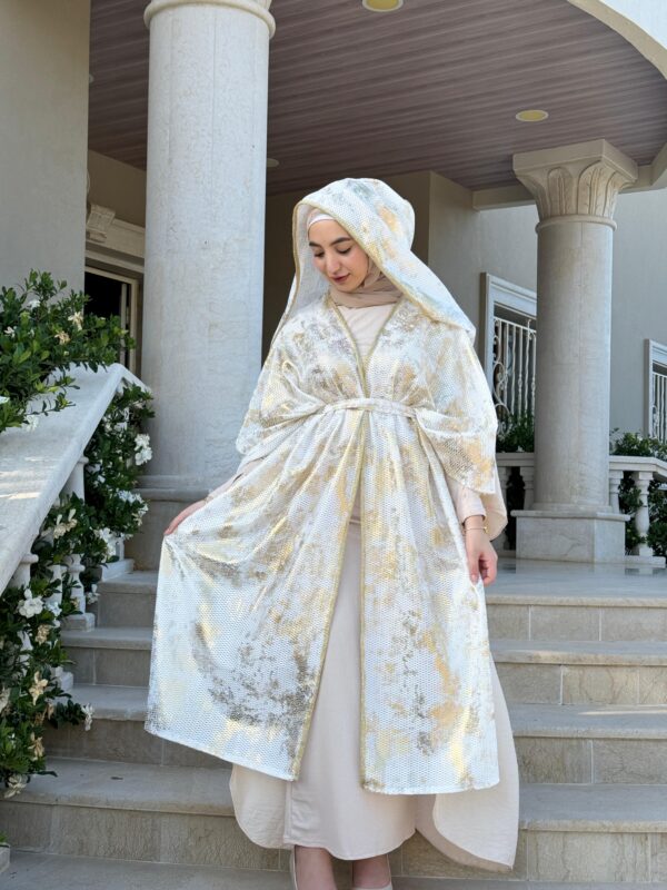 White And Gold Abaya With Huge Stitched Hat And Belt