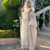 White And Gold Abaya With Huge Stitched Hat And Belt