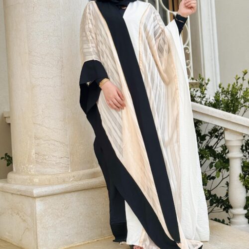 Black And Beige With Golden Line Open Abaya