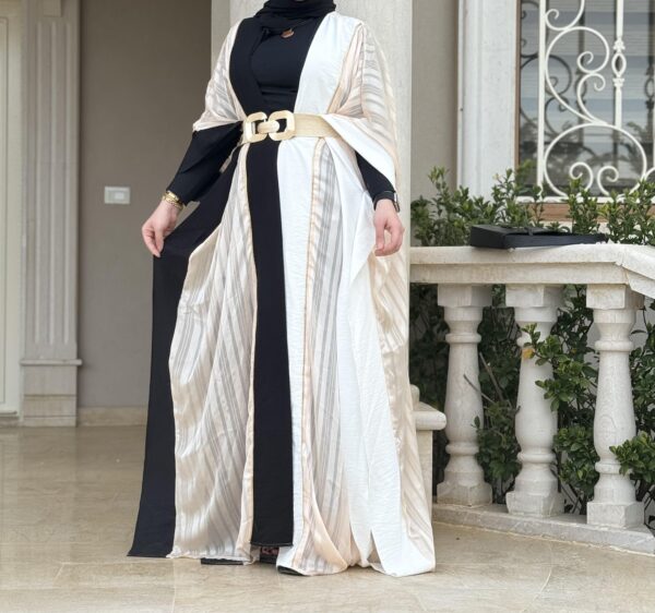 Black And Beige With Golden Line Open Abaya