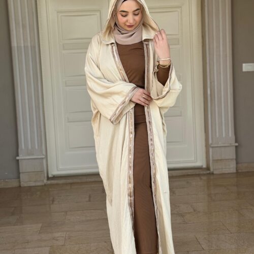 Beige Open Abaya With Brown Shiney Design On Sleeves Ana Stitshed Hat