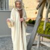 Beige Open Abaya With Brown Shiney Design On Sleeves Ana Stitshed Hat