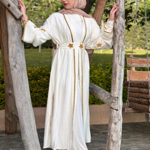 Off White Open Abaya With Star Golden Design On Sleeves And Belt