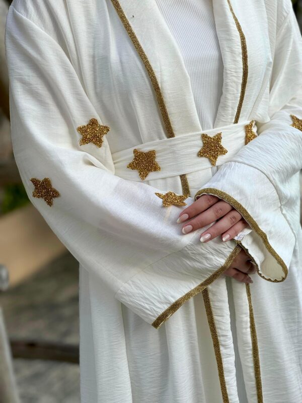 Off White Open Abaya With Star Golden Design On Sleeves And Belt
