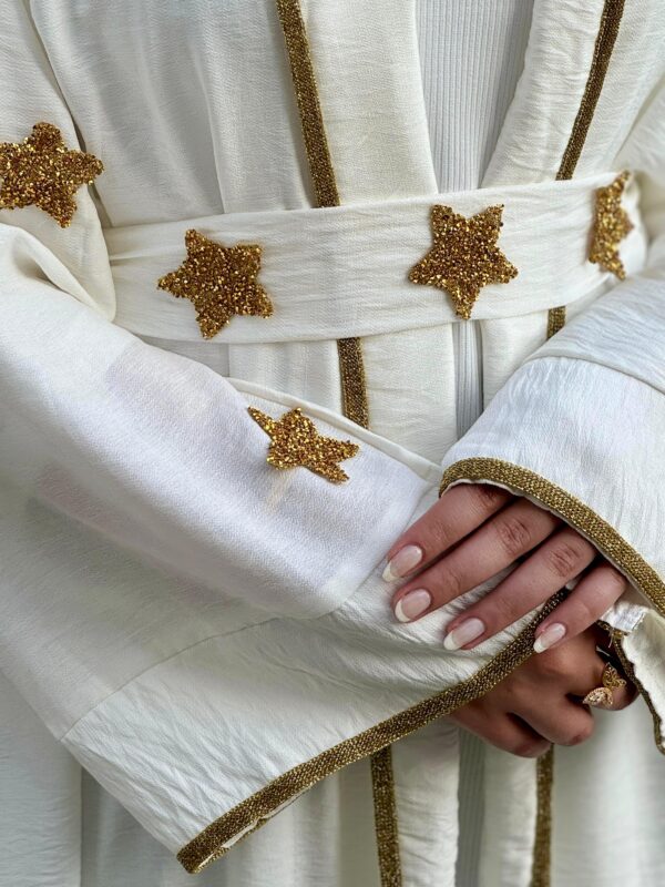 Off White Open Abaya With Star Golden Design On Sleeves And Belt