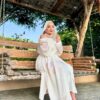 White Open Abaya With Colored Designed Sleeves/Back/Pocket And Stitshed Hat