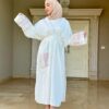 White Open Abaya With Colored Designed Sleeves/Back/Pocket And Stitshed Hat