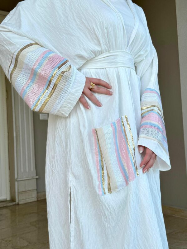 White Open Abaya With Colored Designed Sleeves/Back/Pocket And Stitshed Hat
