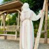 White Open Abaya With Colored Designed Sleeves/Back/Pocket And Stitshed Hat