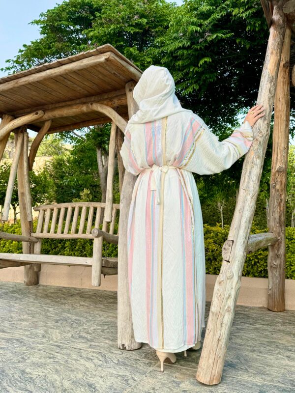 White Open Abaya With Colored Designed Sleeves/Back/Pocket And Stitshed Hat