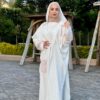 White Open Abaya With Colored Designed Sleeves/Back/Pocket And Stitshed Hat
