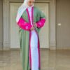 Olive Open Abaya With Dark Pink Sleeves