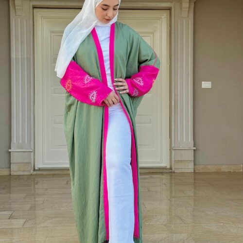 Olive Open Abaya With Dark Pink Sleeves