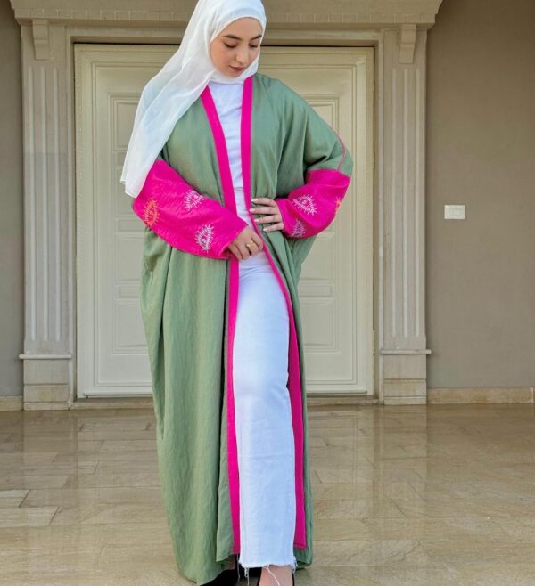 Olive Open Abaya With Dark Pink Sleeves