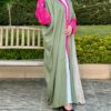 Olive Open Abaya With Dark Pink Sleeves