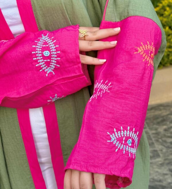 Olive Open Abaya With Dark Pink Sleeves