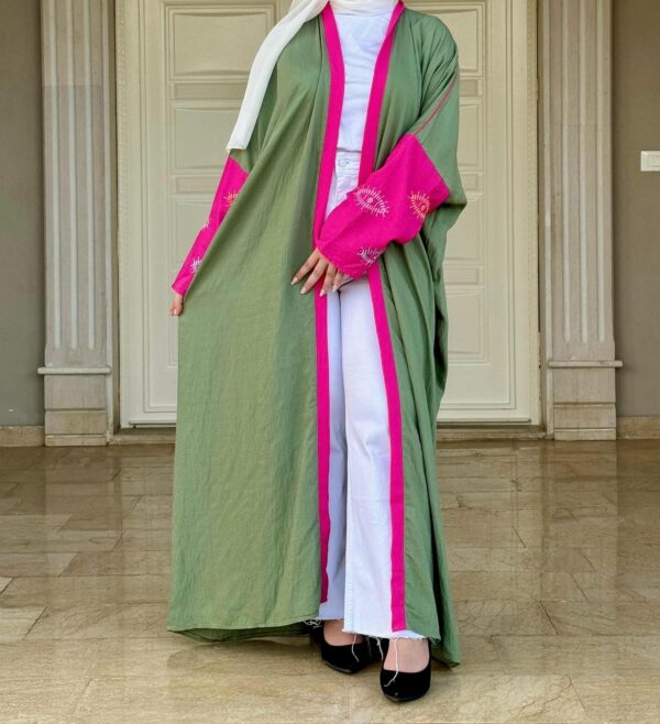 Olive Open Abaya With Dark Pink Sleeves