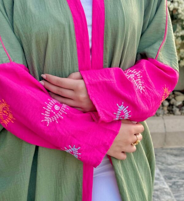 Olive Open Abaya With Dark Pink Sleeves