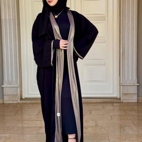 Black Open Abaya With Wide Golden Line