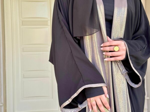 Black Open Abaya With Wide Golden Line