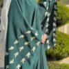 Open Green Abaya With Wide Sleeves Embroidery With White