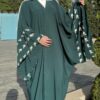 Open Green Abaya With Wide Sleeves Embroidery With White