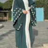 Open Green Abaya With Wide Sleeves Embroidery With White
