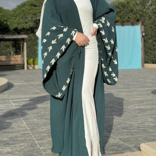Open Green Abaya With Wide Sleeves Embroidery With White