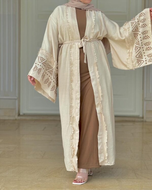 Open Beige Abaya With Wide Sleeves Designed With Brown  And Belt