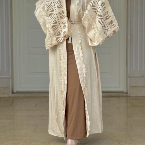 Open Beige Abaya With Wide Sleeves Designed With Brown  And Belt