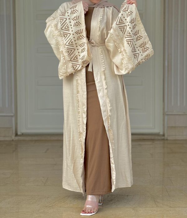 Open Beige Abaya With Wide Sleeves Designed With Brown  And Belt