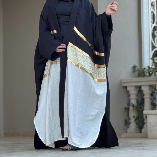 Open Wide Black/Off White Abaya With Designed Arabic Letters And Golden Line