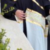Open Wide Black/Off White Abaya With Designed Arabic Letters And Golden Line