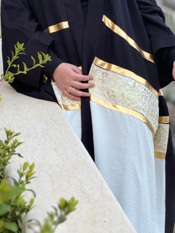 Open Wide Black/Off White Abaya With Designed Arabic Letters And Golden Line