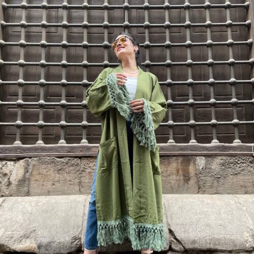 Open Green Cardigan With Embroidery Design