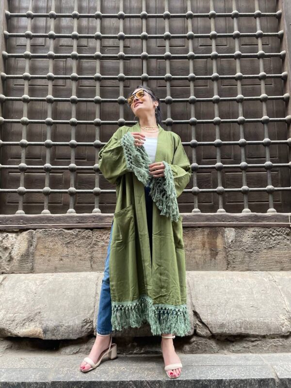 Open Green Cardigan With Embroidery Design