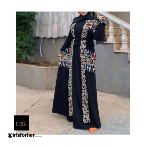 Open Black Abaya With Arabic Letters And Designed Pockets And Belt