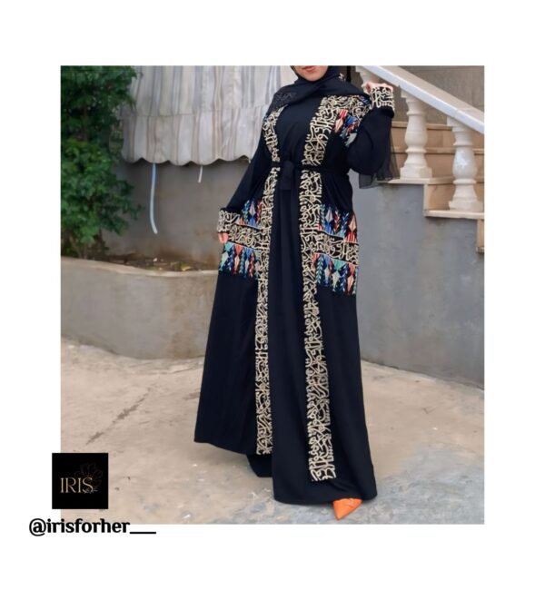Open Black Abaya With Arabic Letters And Designed Pockets And Belt