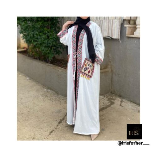 White Open Abaya With Hand Made Embroidery Line And Designed Pockets