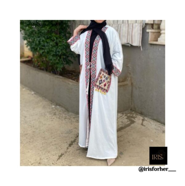 White Open Abaya With Hand Made Embroidery Line And Designed Pockets