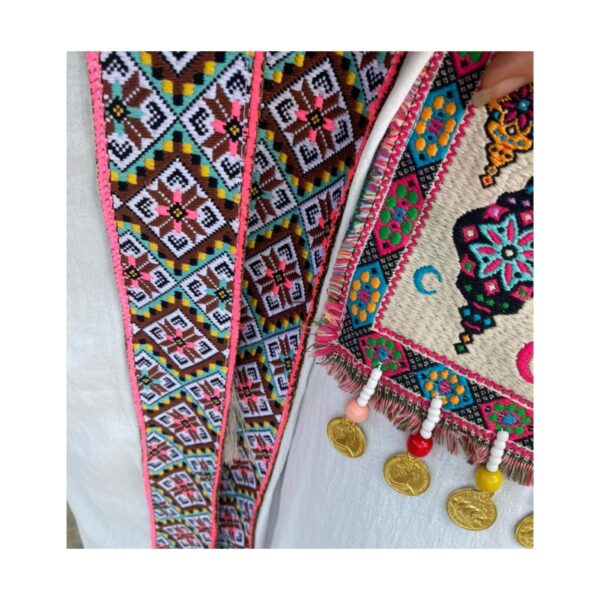 White Open Abaya With Hand Made Embroidery Line And Designed Pockets