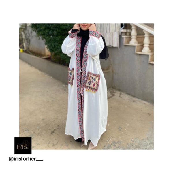 White Open Abaya With Hand Made Embroidery Line And Designed Pockets