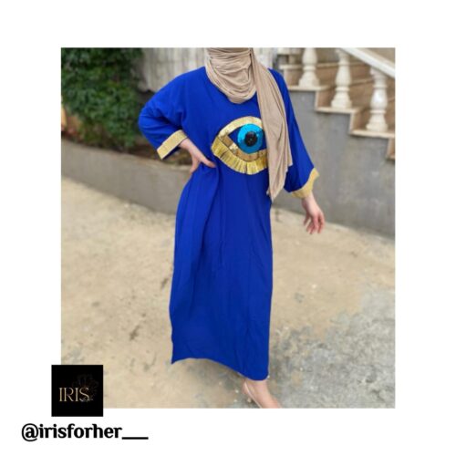 Simple Blue Abaya With Eye Design On The Chest