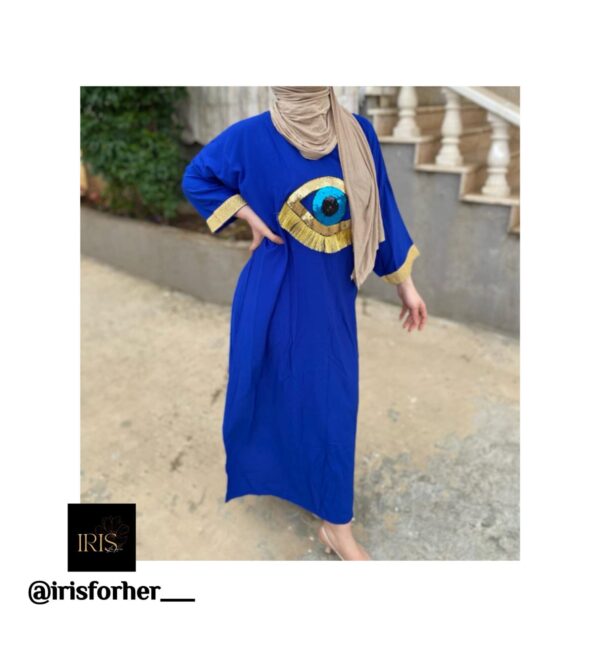 Simple Blue Abaya With Eye Design On The Chest