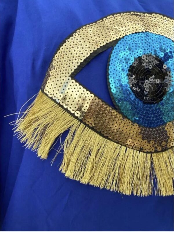 Simple Blue Abaya With Eye Design On The Chest
